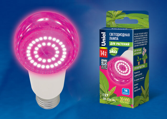 Лампа светодиодная для растений (UL-00006260) Uniel E27 14W прозрачная LED-A60-14W/SPSB/E27/CL PLP30WH Спектр для рассады и цветения. 